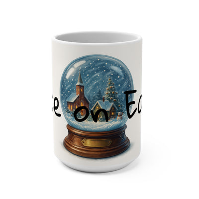winter wonderland mug featuring a snow globe design with the phrase Peace on Earth, ideal for cozy winter beverages.