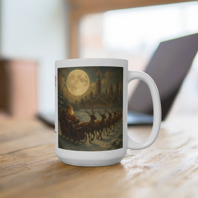 Christmas mug Santa sleigh design displaying Santa and reindeer against a moonlit backdrop.