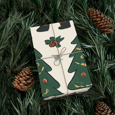 Vintage Christmas gift wrap featuring festive tree designs on a present surrounded by pine needles and cones.