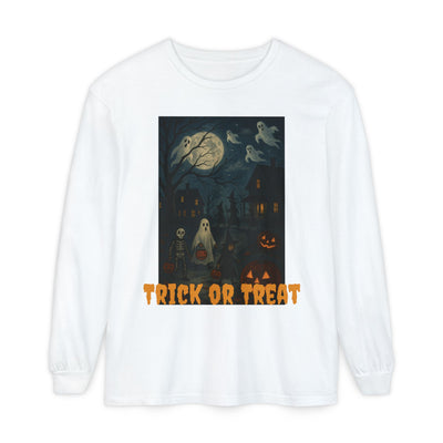 TRICK OR TREAT Long Sleeve T-Shirt featuring spooky ghost print and Halloween-themed design.